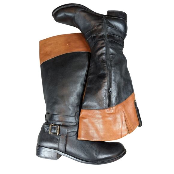 Gianni Bini Leather Black Brown Side Zip Riding Boots Buckle Knee High Size 10 - Picture 1 of 10